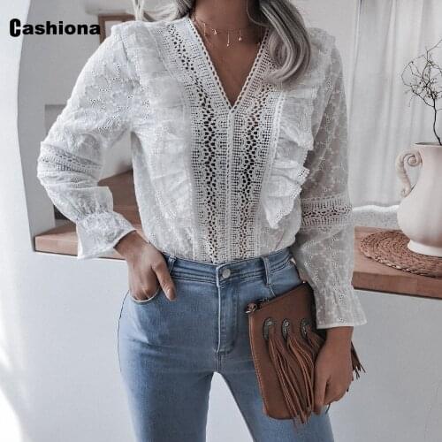 Cashiona 2021 Women Elegant Leisure Ruflles Blouse Summer New Long Sleeve Hollow out Lace Tops Feminina Blusas Shirt Ropa Mujer