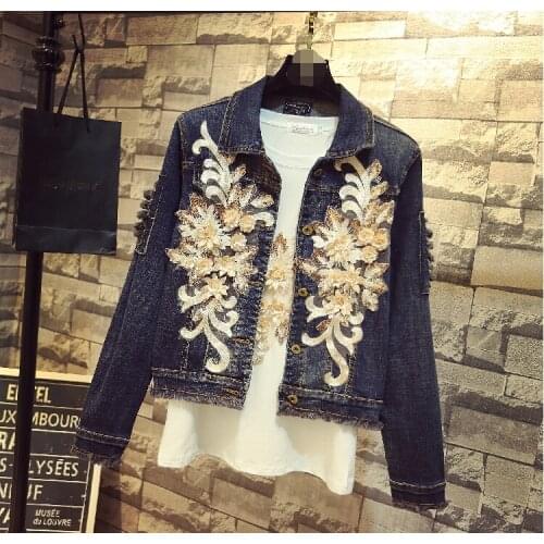 Spring autumn womens casual Plant flowers embroidery diamond jacket female vintage slim Jean jacket TB3384
