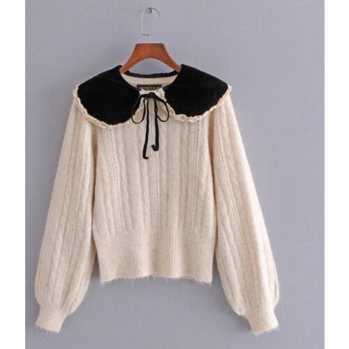 Womens Sweaters Za Casual Beige Turn-Down Doll Collar Puff Sleeve Sweaters Bow Tie Oversized Sweater Korean Mujer Pullovers