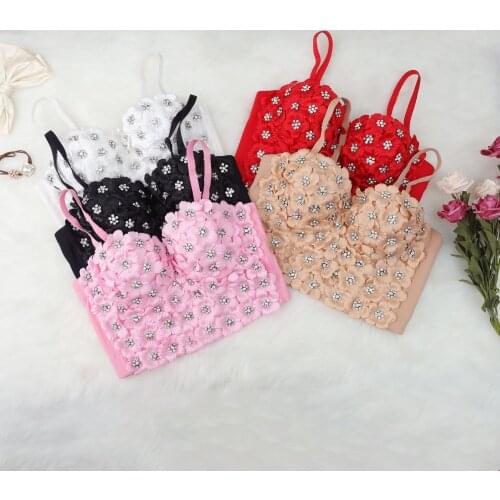 Vintage 3D Flower Decoration Diamond Party Sexy Camisole Women Vest Backless Crop Top To Wear Out Push Up Bralette Bra Corset