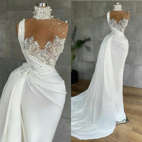 High Neck Mermaid Evening Dresses Beaded Pearls Satin Luxury Prom Dress with Long Train Custom Made Women Formal Robes De Soirée