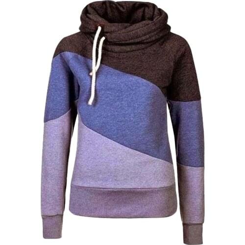 Winter Patchwork Color Warm Pullover Women Long Sleeve Hooded Drawstring Plus Size Sweatshirt Tops Female Casual Sweatshirts