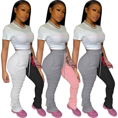 Hip-lifting Slim-fitting Folds Two-color Stitching Letter Printing Casual Micro-flared Womens Fashion Exercise Sports Pants