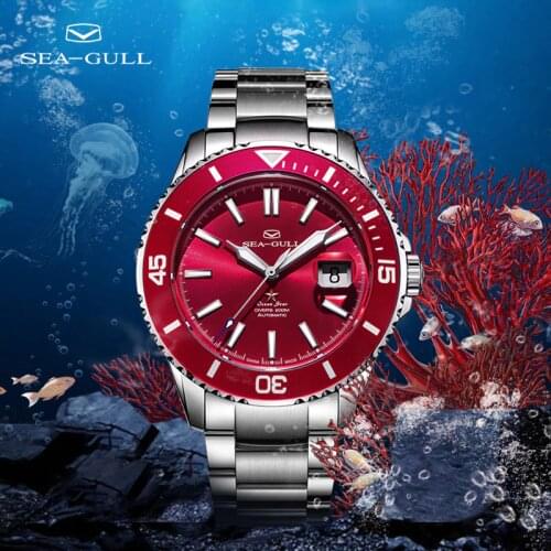 Seagull Ocean Star Red Chinese Heart Automatic Mechanical Watch 200m Diving Watch Steel Band Business Watch 6113