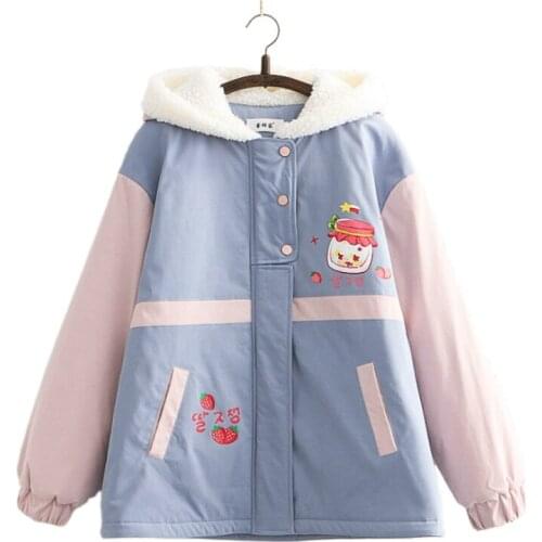 Fleece Parkas Female Women Sweet Style Winter Hooded Coat 2020 Cartoon Print Zipper Warmness Outwear For Teenage Girls Clothes