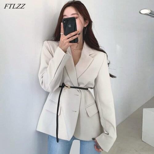 FTLZZ New Spring Women Elegant Turn-down Collar Single Breasted Blazer Coat Office Lady Slim Solid Long Sleeve Blazer with Belt