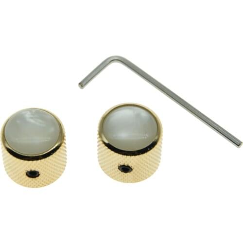 Quality Set of 2 Gold White Pearl Top Guitar Dome Knobs with Set Screw for Tele Guitars White Pearl Cap Bass Knobs