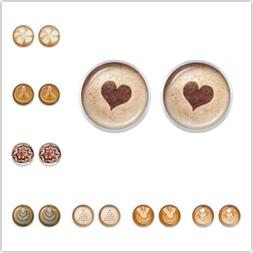Coffee Latte Carving Love Heart Art Stud Earrings Chocolate Printing Flower Four Leaf Clover Cat Charm Jewelry For Women Girls