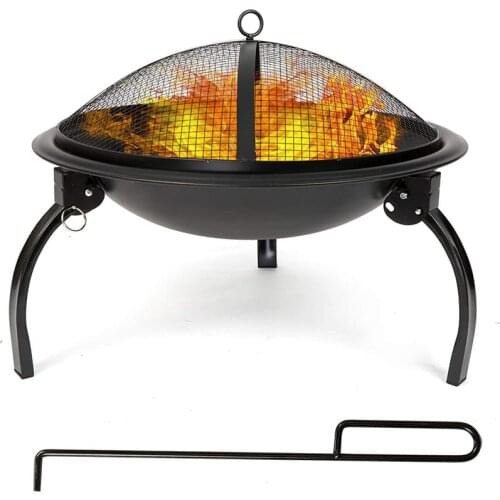 Fire Pit, 21'' Outdoor Patio Steel Fire Pit Wood Burning BBQ Grill Firepit Bowl with Round Mesh Spark Screen Cover Fire Poker