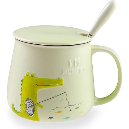Cartoon 3D Rilievo Crocodile or Dinosaur Style Ceramic Mug with Lid and Spoon Cute Creative Porcelain Moring Cups TC150