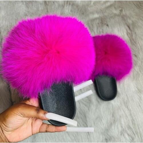 Hot Sale Summer Women Fox Fur Slippers Furry Slippers Designer Fur Slides Girls Black Fur Slides Gorgeous Big Fur Slides Sandal