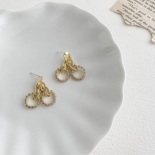 TIMEONLY Temperament Circle Metal Dangle Earrings for Women Ladies Chunky Curb Chain Earring Shiny Rhinestone Accessories Party