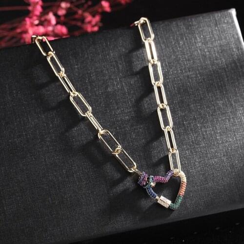 Fashion Color Crystal Heart Pendant Necklace Bracelet Gold Color Chain Punk Hiphop Style Geometry Necklace Women Jewelry Girl