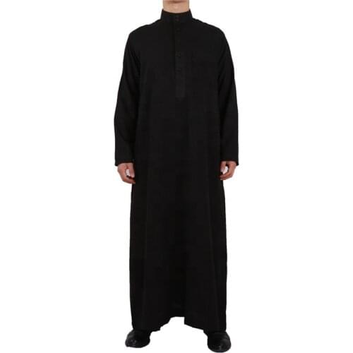 Men Qatar Muslim Moroccan Islamic Style Black Cotton Linen Long-Sleeved Stand-Up Collar Plus Size Arabian Robe Men Worship Robe
