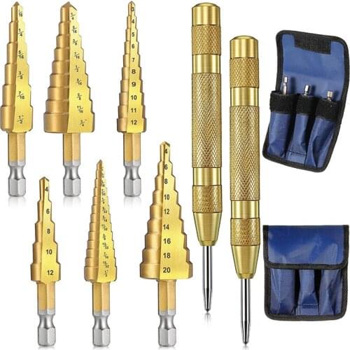TOP 8-Piece Step Drill Bit Set, 3 Metric and Inch Hexagon Shank HSS Step Drill Bits Each, and 2 Loading Center Punches