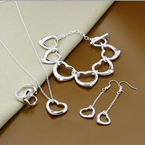 New Style 925 Sterling Silver Heart Shaped Earrings Ring Bracelet Necklace Set For Women Engagement Party Wedding Fashion Charm