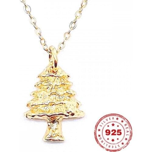 100% S925 Sterling Silver Tree Necklace Pendant For Women Yellow Gold Plating Simple Clavicle Chain Christmas Birthday Gift