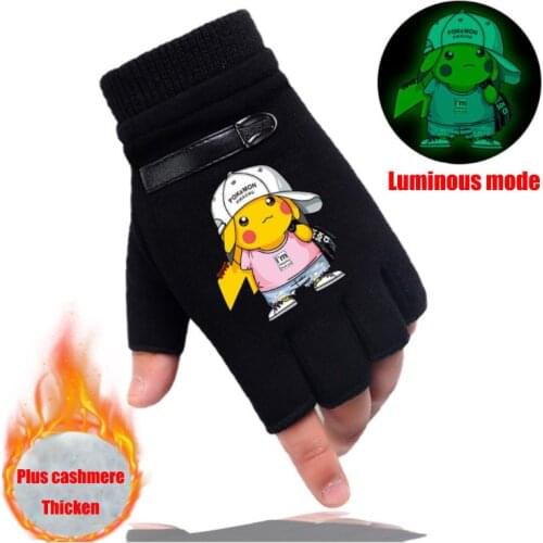 Pikachu Luminous Gloves Pokemon Women Men Winter Warm Velvet Half-finger Students Fall and Winter Riding Leaky Finger Gloves
