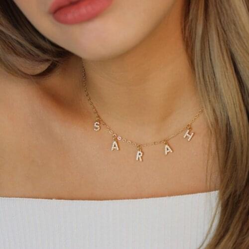 Mothers Day Gift Custom 6mm Letters Name Necklace for Women Girl Personalized Zircon Charms Copper CZ Stone Pendant Plain Chain