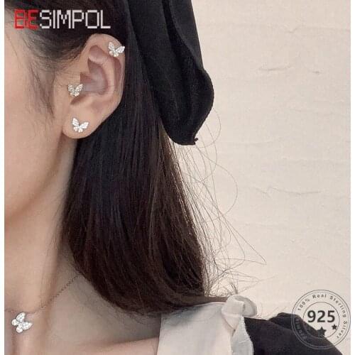 Besimpol Real 925 Sterling Silver Butterfly Earrings Elegant Zircon Simple Stud Earrings For Women Minimalist Fine Jewelry Gifts