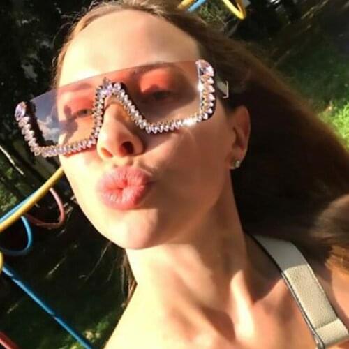 Luxury Square Diamond Sunglasses Women fashion clear shades glassesPink Crystal Half frame Oversized Female Sun Glasses UV400