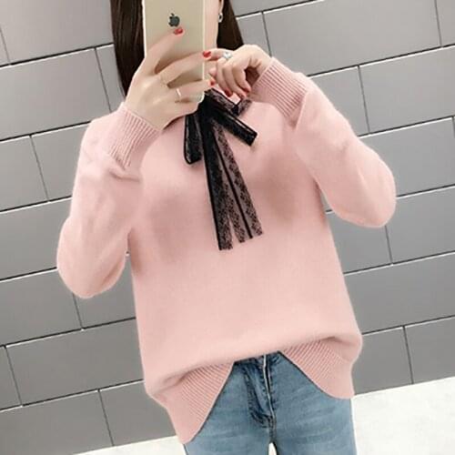 Shintimes Winter Sweater Women 2020 New Fashion Lace Turn-Down Collar Knitted Pullover Female Slim Knit Sweaters Womens Clothing