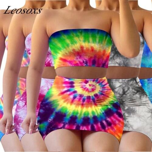 Tie-Dye Two Piece Set Summer Clothes Casual Sportswear sexMini Skirt Set Backless Suits tube top skirt suit Shorts Set юбка