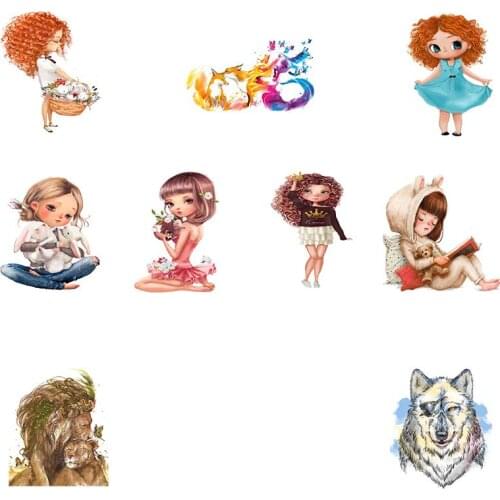 Heat Transfer Sticker Clever Girl Rabbit Doll Flower Basket Ferocious Wolf Lion Cat Skeleton DIY Clothes Applique Decor 2021