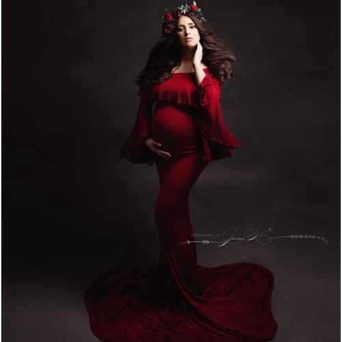 Unique Buegundy Spandex Mermaid Maternity Dress With Flare Sleeves Charm Ruffles Pregnant Women Gowns To Photo Shoot Plus Size