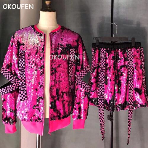 Spring pink sequin ribbon hip hop baseball uniform costume Nightclub bar ds male singer dance stage show jacket