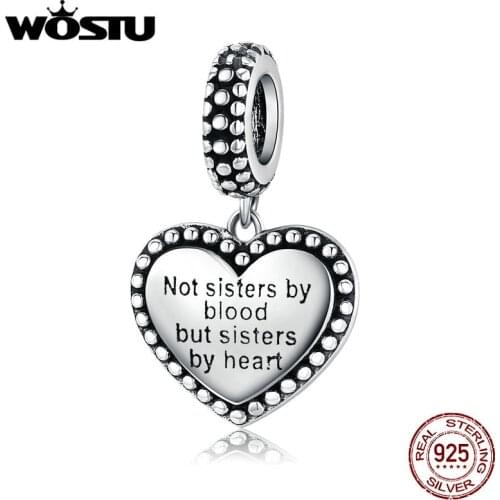 WOSTU 925 Sterling Silver Sisterhood Heart Charms Fit Original Bracelet Pendant Beads For Sister Famlly Jewelry Gift CQC1396