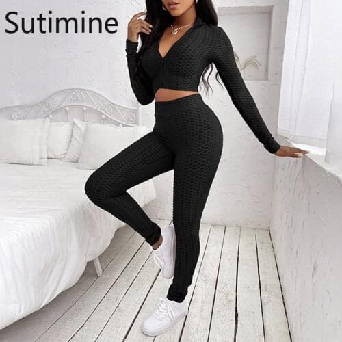 Sutimine Women Workout Sportswear Fitness Long Sleeve Crop Top Zipper Cardigan and High Waist Pencil Pants Leggings Sports Suits