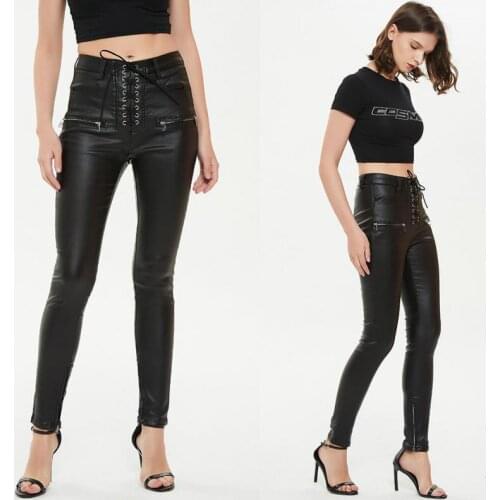 2021 Black Faux Pu Leather Pencil Pants Lace Up High Waist Slim Skinny Streetwear Autumn Casual Trousers Women