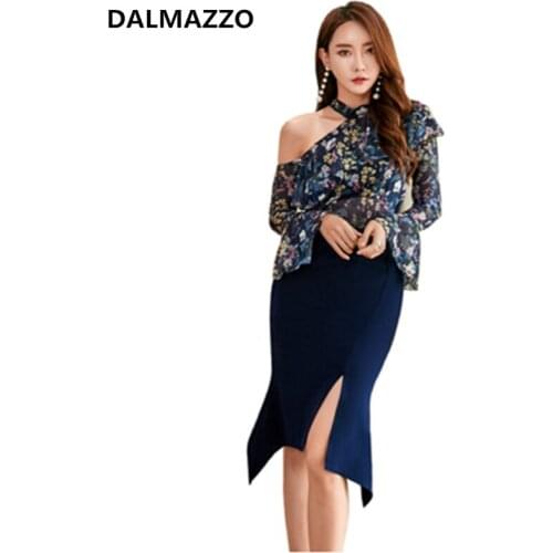 DALMAZZO 2021 Spring Summer Women Halter Flare Sleeve Print Chiffon Shirt Tops + Irregular Split Knee Length Skirts 2 Pieces Set