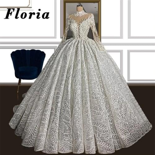 Generous Ball Gown Dubai Bridal Wedding Dresses Sequins 2020 Robe De Mariee Saudi Arabic Beaded Pearls Long Bride Dress Kaftans