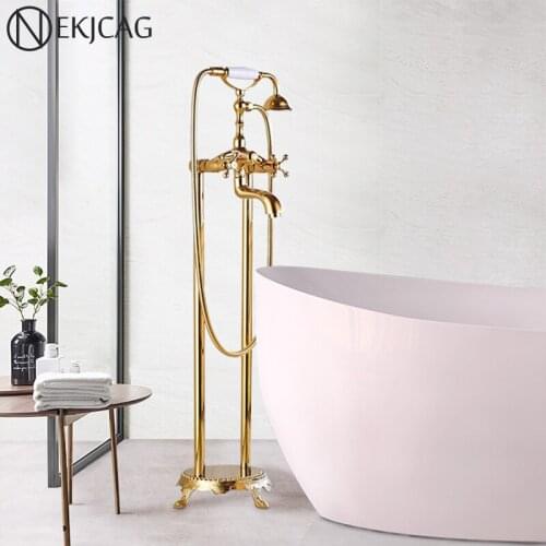 Golden Polished Floor Mounted Bathroom Bathtub Shower Faucet Free Standing Bathroom Mixer Taps With Dual Handles Clawfoot