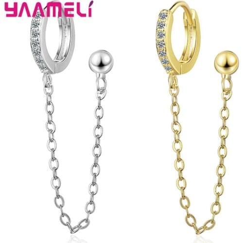 1PC Double Ear Hole Cubic Zircon Hoop Earrings 925 Sterling Silver Chain Pendientes with Ball Women Man Unisex Jewelry