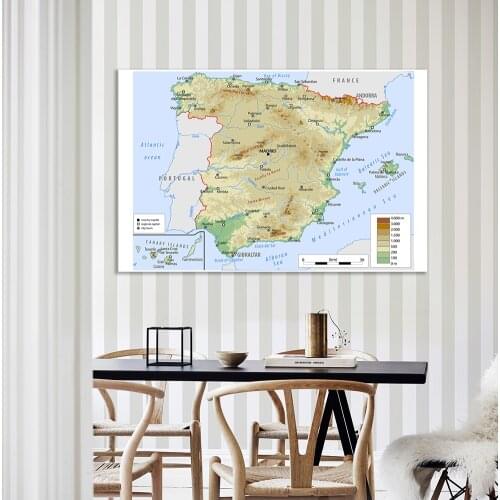 150*100 cm Map of The Spain Topographic Non-woven Canvas Painting Wall Art Poster School Supplies Home Decoration