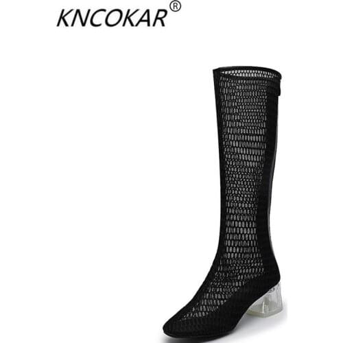 KNCOKAR 2018 New style cool boots female summer black hollow-out net boots crystal and fashionable baotou cool boots