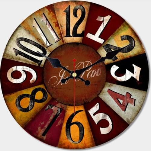 Artistic Silent Retro Wall Clock European Style Round Colorful Vintage Saat Decorative Wooden Large Wall Clock Christmas Gift