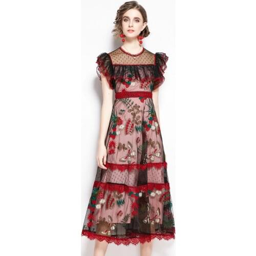 JSXDHK Designer Runway Summer Lace Ruffles Dress Elegant Women Mesh Dot Flower Embroidery Butterfly Sleeve Long Dress Robe Femme
