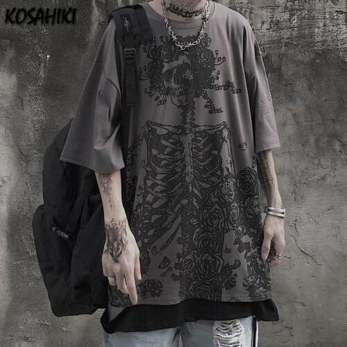 KOSAHIKI Harajuku Gothic Skull Rose Print Women Men T-shirt O-Neck Short Sleeve Casual Loose Tee Shirt Tops Streetwear Unisex