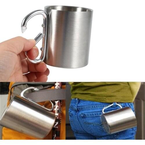 220ML Stainless Steel Metal Camping Cups Traveling Outdoor Cup Double Wall Mug With Carabiner Hook Handle Coffee Mug Tea Cup