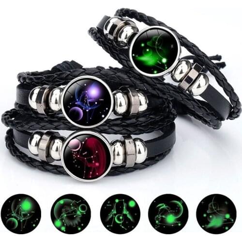 12 Constellation Luminous Bracelet Men Leather Bracelet Charm Bracelets for Men Boys Women Girl Jewelry Accessories Trinket Gift