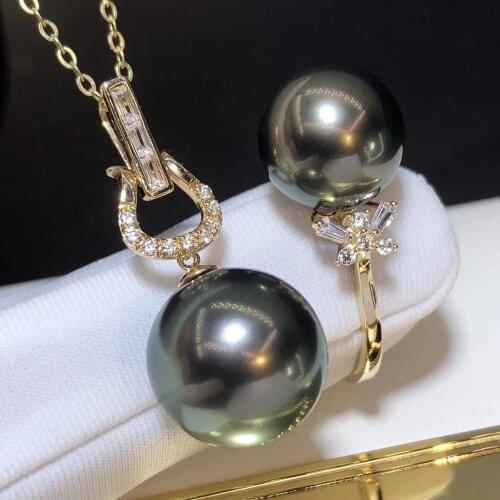 D419 Pearl Set Fine Jewelry Solid 18k Gold Round 10-12mm Natural Ocean Sea Water Tahiti Black Pearls Sets for Women Presents