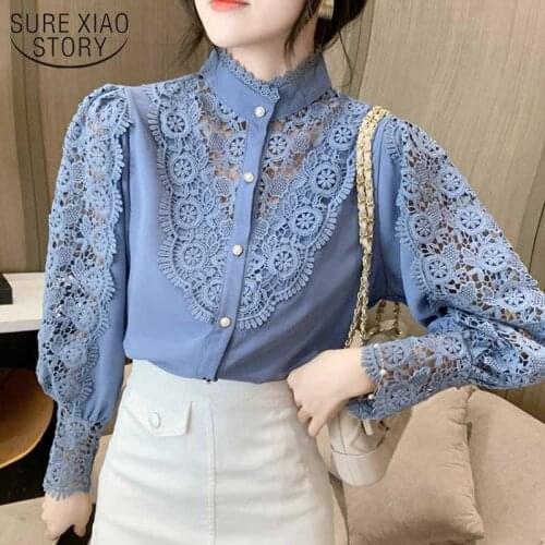 New Crochet Hollow Lace Stitching 2021 Korean Style Blouse Women Sexy Puff Sleeve Stand-up Collar Bottoming Thin Shirt 12731