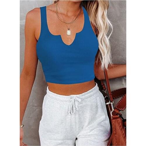 New Womens Chic Sexy Notch V Neck Solid Color Ribbed Knit Tank Tops Sleeveless Crop Tops Skin-Friendly And Comfortable S-XL
