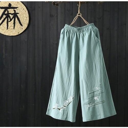 Original Spring Summer New Chinese Style Pants Embroidery Cotton Linen Casual Casual Slim Straight Wide Leg Pants Trousers 30930