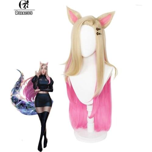 ROLECOS KDA Baddest Ahri Cosplay Wig LOL KDA Cosplay Baddest Ahri Wig With Ears 80CM Blonde Mixed Pink Women Halloween Headwear