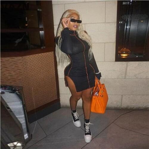VAZN 2020 Autumn Hot Popular Little Chap Black Sexy Young Daily Designer Turtleneck Full Sleeve Women High Waist Thin Mini Dress